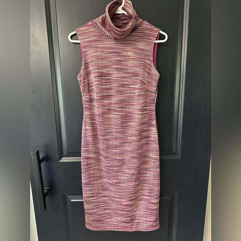 Chetta B Knit Metallic Turtleneck Sleeveless Dress Mauve Oink Purple Gold
